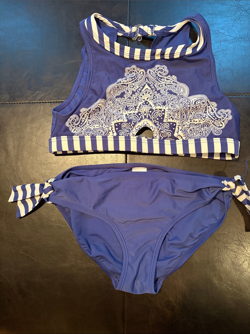 Girls' Purple Paisley Tankini Bikini Set with Striped Accents